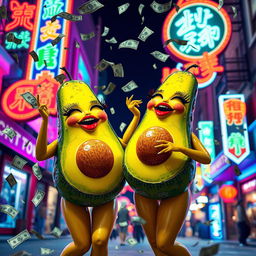 A vibrant and lively scene featuring two realistic feminine avocados, each with very long eyelashes, big luscious red lips, and curvy figures, twerking joyfully