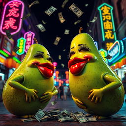 A vibrant and lively scene featuring two realistic feminine avocados, each adorned with very long eyelashes, big luscious red lips, and curvy figures