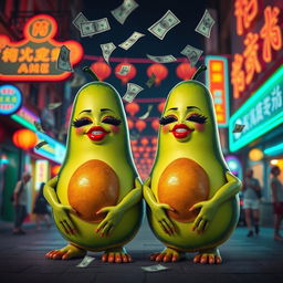 A vibrant and lively scene featuring two realistic feminine avocados, each adorned with very long eyelashes, big luscious red lips, and curvy figures