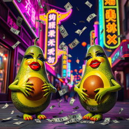 A vibrant and lively scene featuring two realistic feminine avocados, each adorned with very long eyelashes, big luscious red lips, and curvy figures