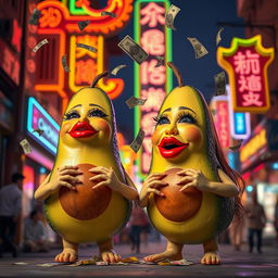 A vibrant and lively scene featuring two realistic feminine avocados, each adorned with very long eyelashes, big luscious red lips, and curvy figures