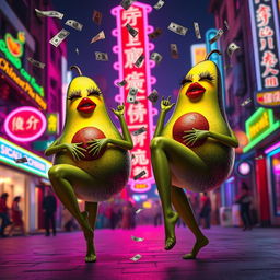 A vibrant and lively scene depicting two realistic feminine avocados, each with very long eyelashes, big luscious red lips, and curvy figures, showcasing their long legs in a twerking position