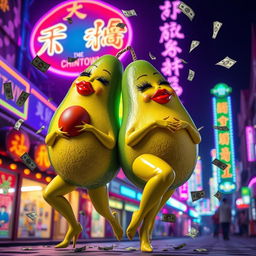 A vibrant and lively scene depicting two realistic feminine avocados, each with very long eyelashes, big luscious red lips, and curvy figures, showcasing their long legs in a twerking position