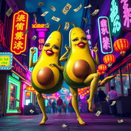 A vibrant and lively scene depicting two realistic feminine avocados, each with very long eyelashes, big luscious red lips, and curvy figures, showcasing their long legs in a twerking position