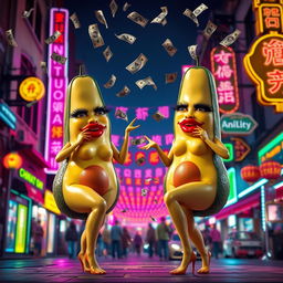 A vibrant and lively scene depicting two realistic feminine avocados, each with very long eyelashes, big luscious red lips, and curvy figures, showcasing their long legs in a twerking position