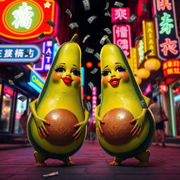 A vibrant nighttime scene featuring two realistic feminine avocados, each with very long eyelashes, big luscious red lips, and curvy figures, including big butts and long legs