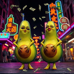 A vibrant nighttime scene featuring two realistic feminine avocados, each with very long eyelashes, big luscious red lips, and curvy figures, including big butts and long legs