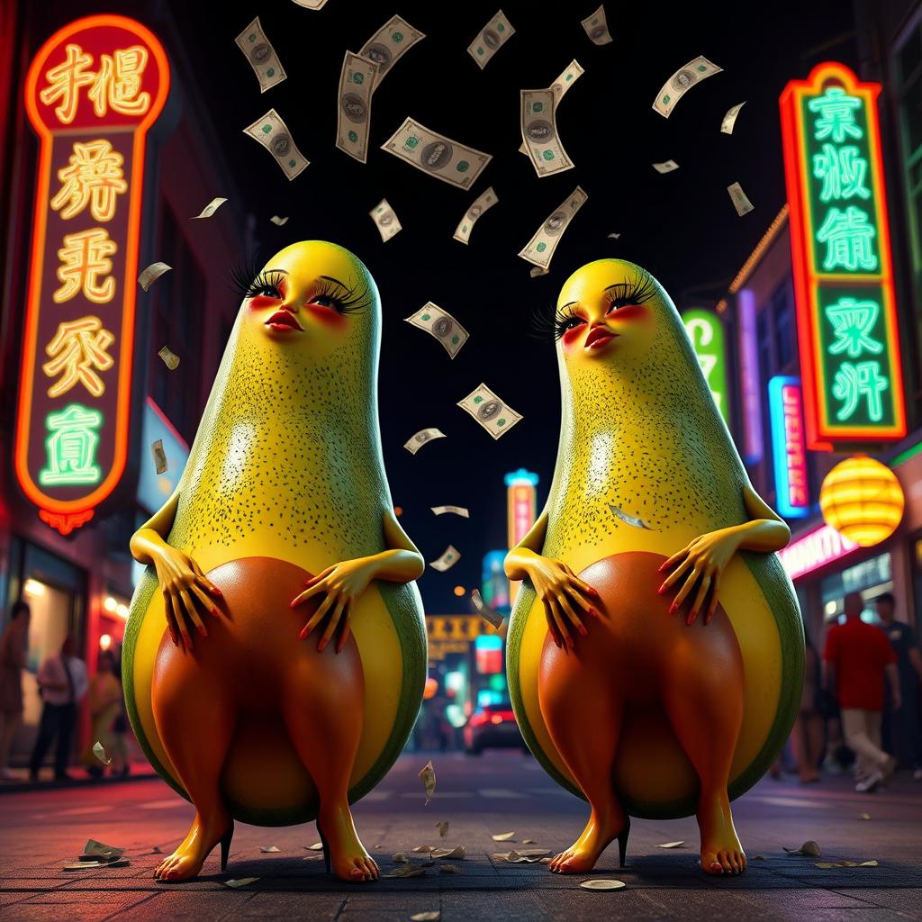 A vibrant nighttime scene featuring two realistic feminine avocados, each with very long eyelashes, big luscious red lips, and curvy figures, including big butts and long legs