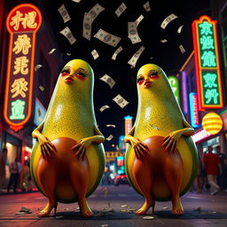 A vibrant nighttime scene featuring two realistic feminine avocados, each with very long eyelashes, big luscious red lips, and curvy figures, including big butts and long legs