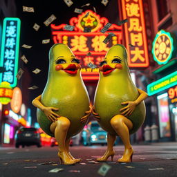 A vibrant nighttime scene featuring two realistic feminine avocados, each with very long eyelashes, big luscious red lips, and curvy figures, including big butts and long legs