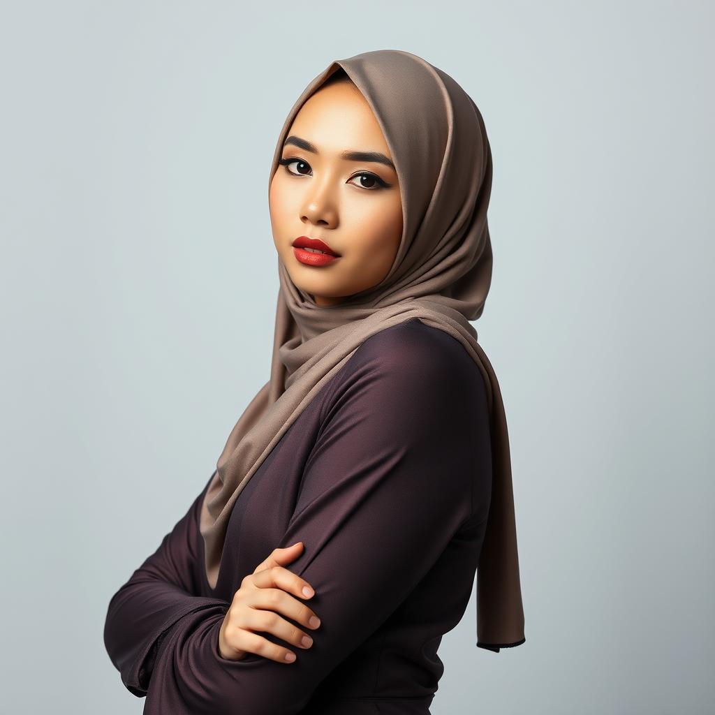 A full-body realistic portrait of an Indonesian woman wearing a stylish hijab while posing confidently in an artistic manner