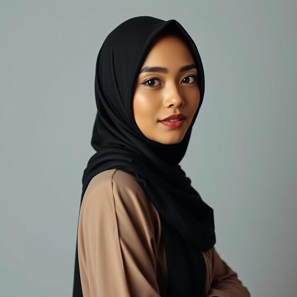 A full-body realistic portrait of an Indonesian woman wearing a stylish hijab while posing confidently in an artistic manner