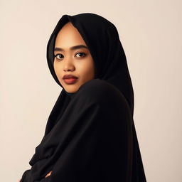 A full-body realistic portrait of an Indonesian woman wearing a stylish hijab while posing confidently in an artistic manner