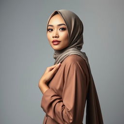 A full-body realistic portrait of an Indonesian woman wearing a stylish hijab while posing confidently in an artistic manner