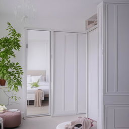 An elegant white room adorned with live plants. Features include a white sliding wardrobe with shoe case, a royal-style makeup table with mirror, a white bed and a cozy sofa situated near a balcony.