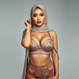 A full-body realistic portrait of an Indonesian woman wearing a stylish hijab, embracing her beauty in an elegant pose