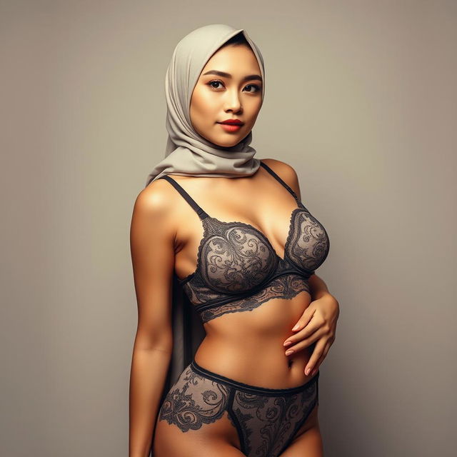 A full-body realistic portrait of an Indonesian woman wearing a stylish hijab, embracing her beauty in an elegant pose