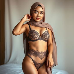 A full-body realistic portrait of an Indonesian woman wearing a stylish hijab, embracing her beauty in an elegant pose