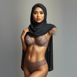 A full-body realistic portrait of an Indonesian woman wearing a stylish hijab, embracing her beauty in an elegant pose