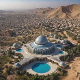 A futuristic view of Iran in a hundred years, showcasing advanced technology blended with iconic traditional architecture and beautiful natural landscapes.