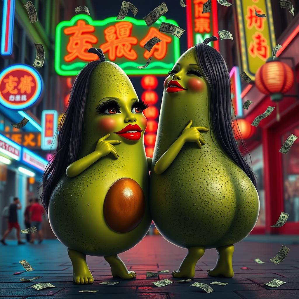 Two realistic feminine avocados with very long eyelashes and big luscious red lips, depicted in a squatting position