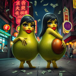 Two realistic feminine avocados with very long eyelashes and big luscious red lips, depicted in a squatting position