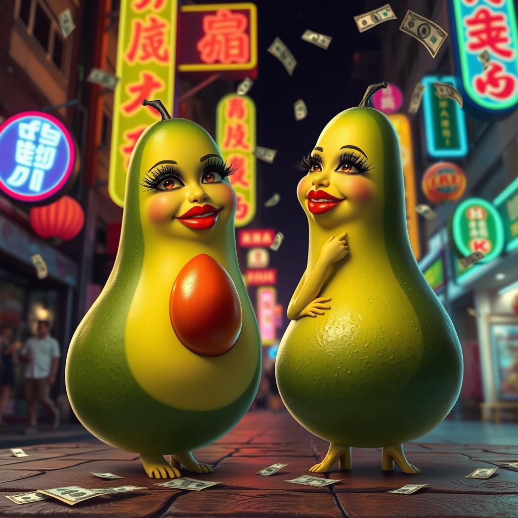 Two realistic feminine avocados with very long eyelashes and big luscious red lips, depicted in a squatting position