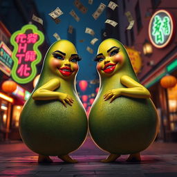 Two realistic feminine avocados with very long eyelashes and big luscious red lips, depicted in a squatting position