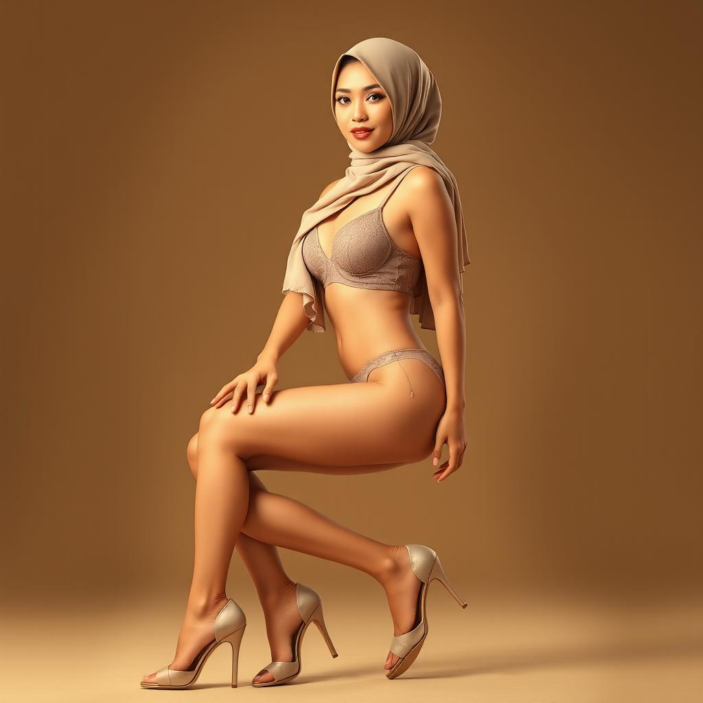 A full-body realistic portrait of an Indonesian woman wearing a stylish hijab, adorned in a matching bra and sexy panties