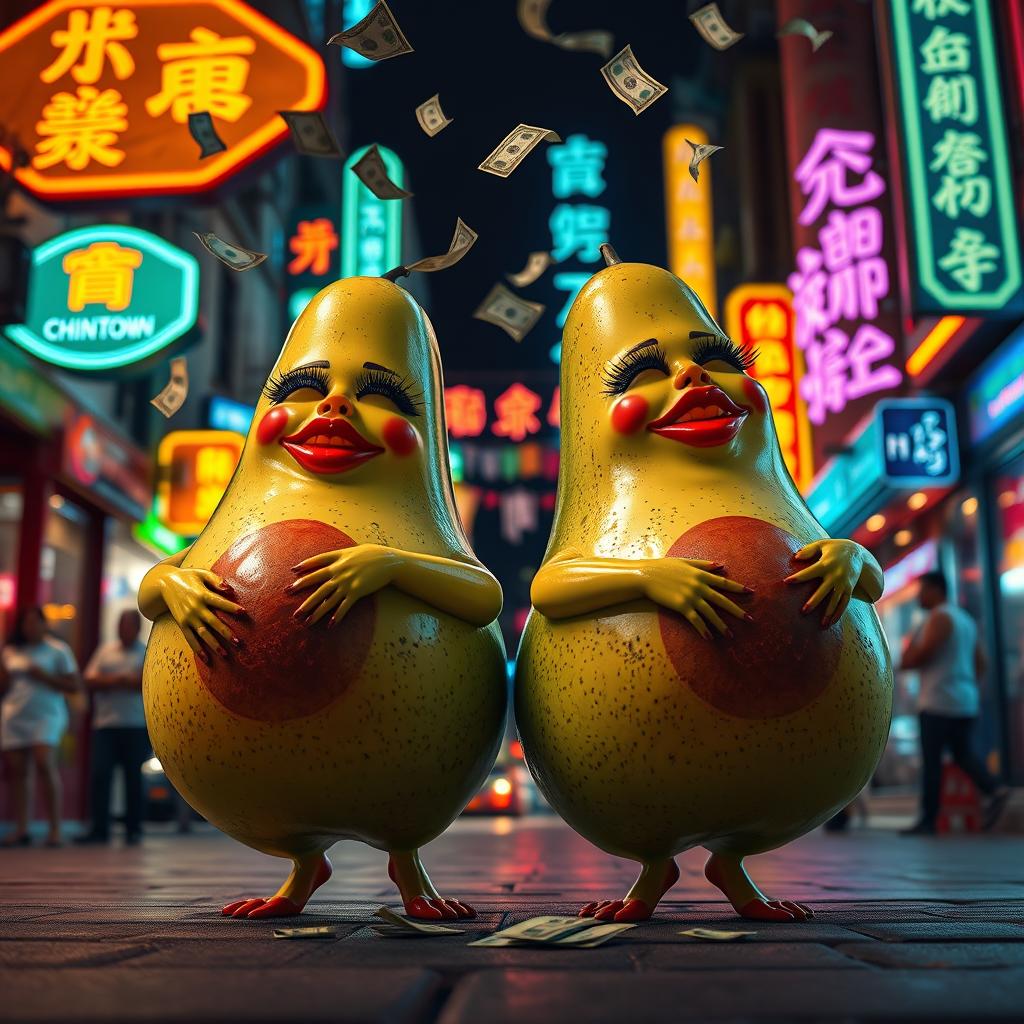 A lively and enchanting nighttime scene featuring two realistic feminine avocados, each with very long eyelashes and big luscious red lips