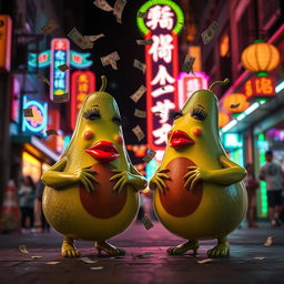 A lively and enchanting nighttime scene featuring two realistic feminine avocados, each with very long eyelashes and big luscious red lips