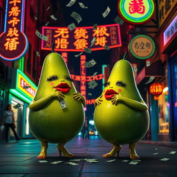 A lively and enchanting nighttime scene featuring two realistic feminine avocados, each with very long eyelashes and big luscious red lips