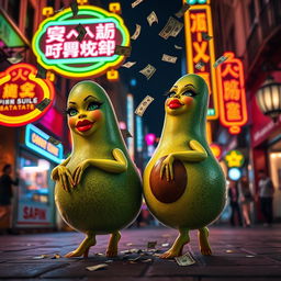 A lively and enchanting nighttime scene featuring two realistic feminine avocados, each with very long eyelashes and big luscious red lips