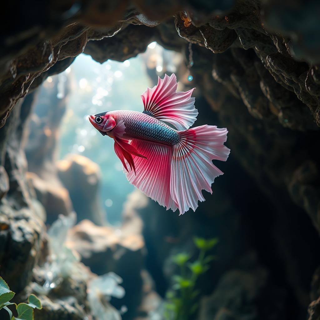 A stunning pink, black, and white Betta fish swimming gracefully inside a mystical cave