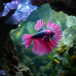 A stunning pink, black, and white Betta fish swimming gracefully inside a mystical cave