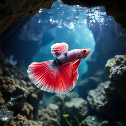 A stunning pink, black, and white Betta fish swimming gracefully inside a mystical cave