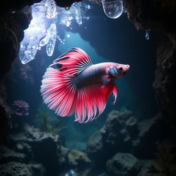 A stunning pink, black, and white Betta fish swimming gracefully inside a mystical cave