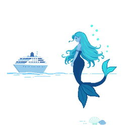 A design featuring a clean white background with a pixelated cruise ship on the left, partially submerged in water, showcasing subtle blue and gray shading for depth