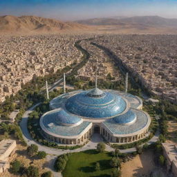 A futuristic view of Iran in a hundred years, showcasing advanced technology blended with iconic traditional architecture and beautiful natural landscapes.