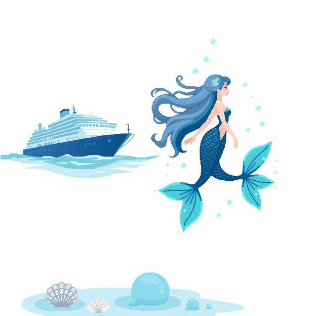 A design featuring a clean white background with a pixelated cruise ship on the left, partially submerged in water, showcasing subtle blue and gray shading for depth