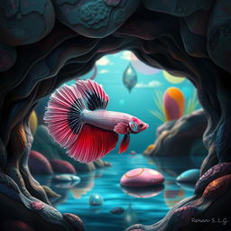 A pink, black, and white Betta fish swimming gracefully inside a modern art-inspired underwater cave