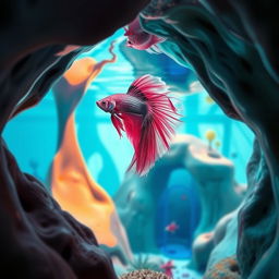 A pink, black, and white Betta fish swimming gracefully inside a modern art-inspired underwater cave