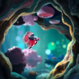 A pink, black, and white Betta fish swimming gracefully inside a modern art-inspired underwater cave