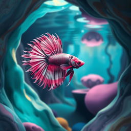 A pink, black, and white Betta fish swimming gracefully inside a modern art-inspired underwater cave