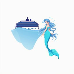 A design featuring a pristine white background, showcasing a pixelated cruise ship on the left, partially submerged in water with subtle blue and gray shading to create depth