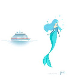 A design featuring a pristine white background, showcasing a pixelated cruise ship on the left, partially submerged in water with subtle blue and gray shading to create depth