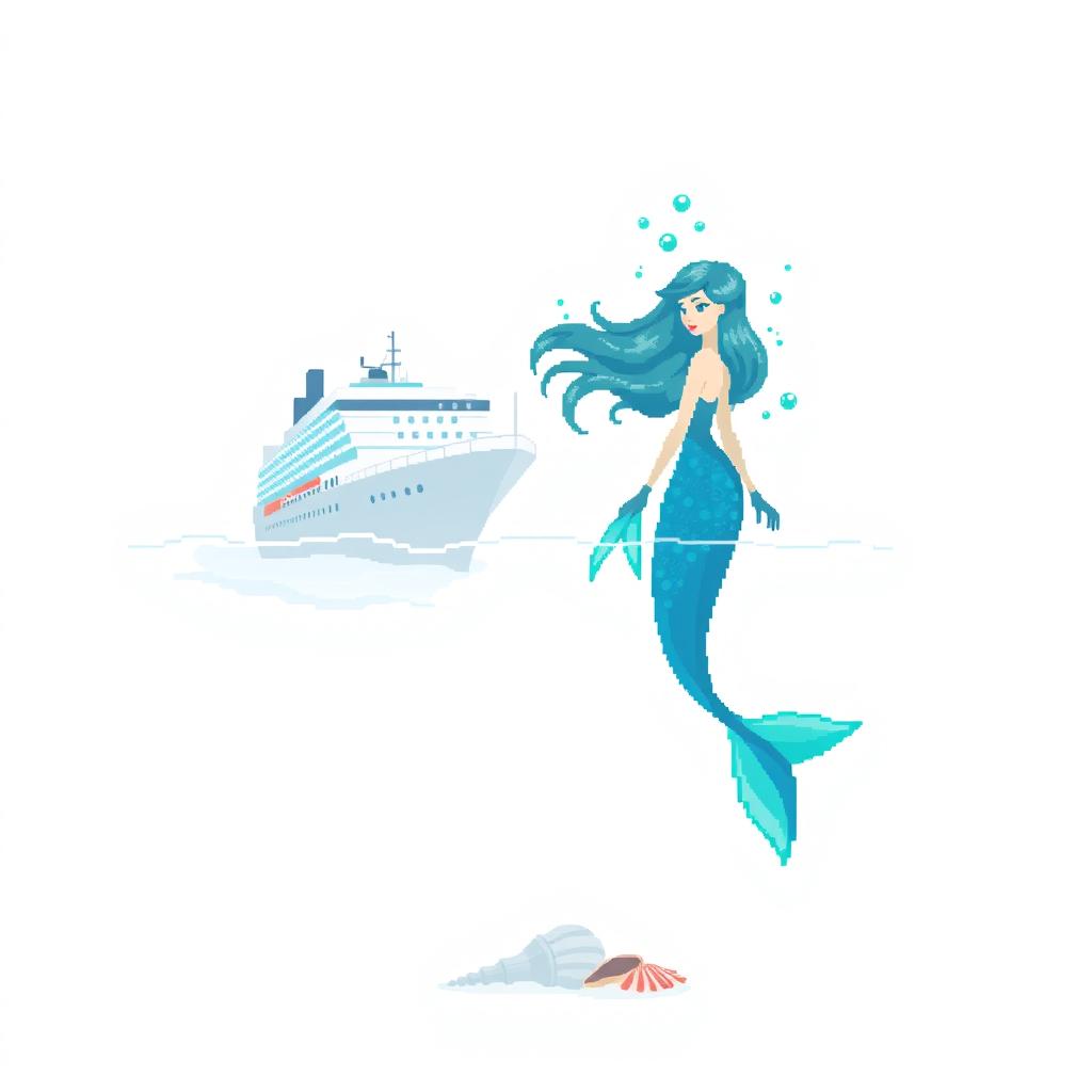 A design featuring a bright white background, highlighting a pixelated cruise ship on the left side, partially submerged in water with subtle blue and gray shading for a realistic effect