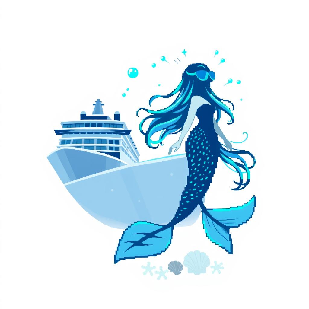 A design featuring a bright white background, highlighting a pixelated cruise ship on the left side, partially submerged in water with subtle blue and gray shading for a realistic effect