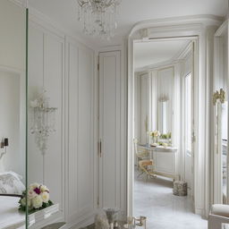 A sophisticated bedroom, featuring a white bed, a large, royal makeup table complete with mirror, a sliding wardrobe and shoe case adjacent to the bed and a designer white wall leading to a picturesque balcony.