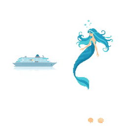 A design featuring a bright white background, highlighting a pixelated cruise ship on the left side, partially submerged in water with subtle blue and gray shading for a realistic effect